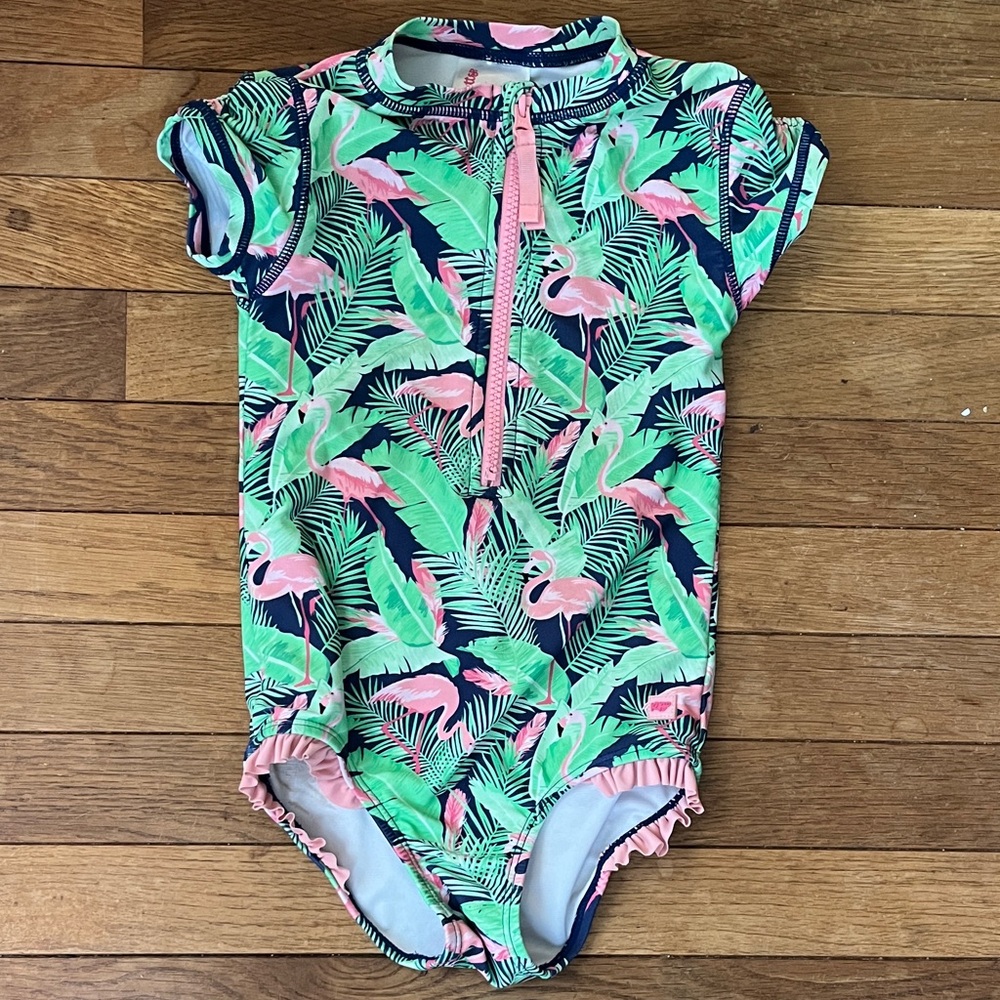 RuffleButts Flamingo & Palm Print Short-Sleeved Rashguard – Size 6